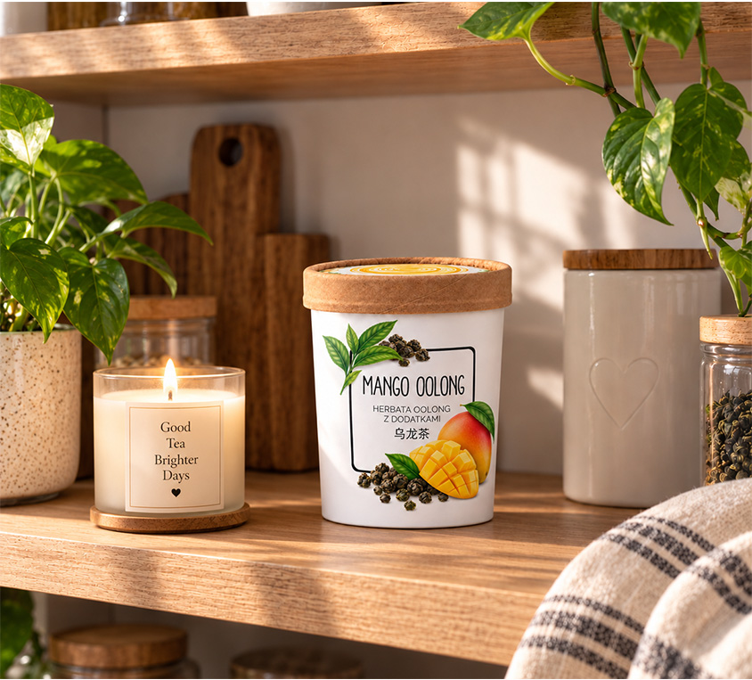Mango Oolong Leo Tea – liściasta herbata o naturalnym aromacie mango w kubku tekturowym
